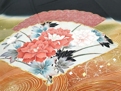 平和屋着物■豪華黒留袖　駒刺繍　扇面花文　暈し染め　金彩　正絹　逸品　CABG2745th