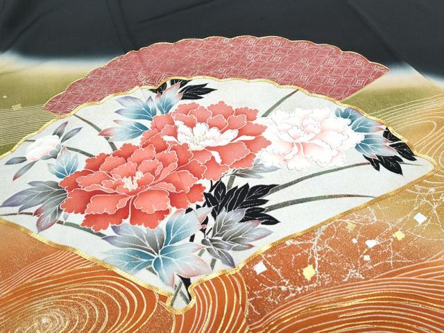 平和屋着物■豪華黒留袖　駒刺繍　扇面花文　暈し染め　金彩　正絹　逸品　CABG2745th
