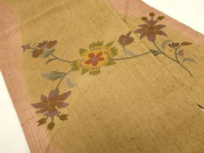 平和屋着物●中国三大刺繍　スワトウ刺繍　相良刺繍　総刺繍　九寸名古屋帯　更紗花文　正絹　逸品　未使用　CABG2801dy