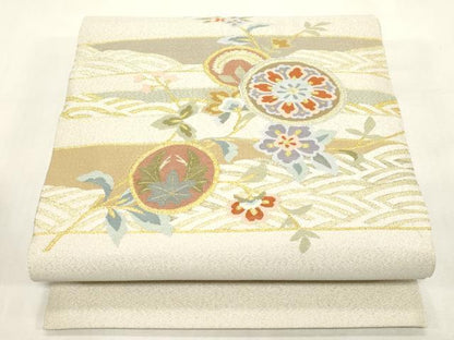平和屋着物●爪掻き本綴れ　八寸名古屋帯　草花丸文　金銀糸　正絹　逸品　未使用　CABG2803dy