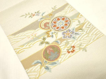 平和屋着物●爪掻き本綴れ　八寸名古屋帯　草花丸文　金銀糸　正絹　逸品　未使用　CABG2803dy