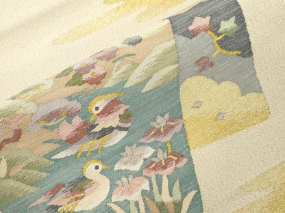 平和屋着物●爪掻き本綴れ　八寸名古屋帯　色紙重ね花鳥文　金銀糸　正絹　逸品　未使用　CABG2804dy