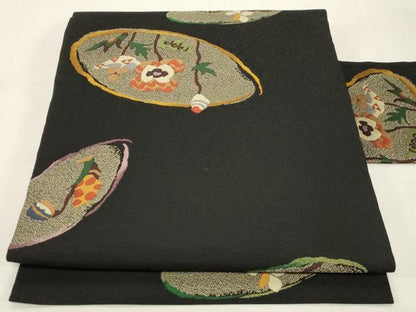 平和屋着物●九寸名古屋帯　草花文　黒地　正絹　逸品　CABG2810dy