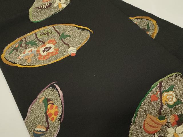 平和屋着物●九寸名古屋帯　草花文　黒地　正絹　逸品　CABG2810dy