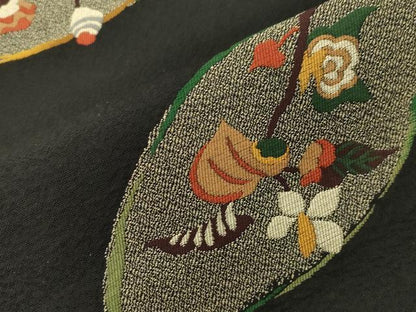 平和屋着物●九寸名古屋帯　草花文　黒地　正絹　逸品　CABG2810dy