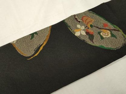 平和屋着物●九寸名古屋帯　草花文　黒地　正絹　逸品　CABG2810dy