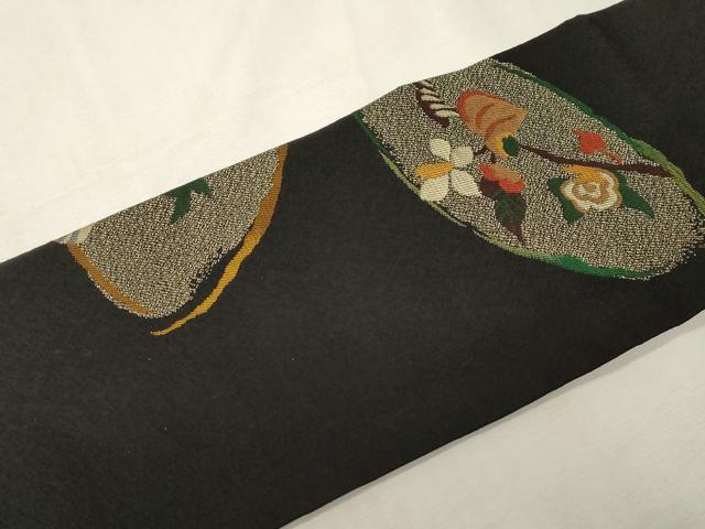 平和屋着物●九寸名古屋帯　草花文　黒地　正絹　逸品　CABG2810dy