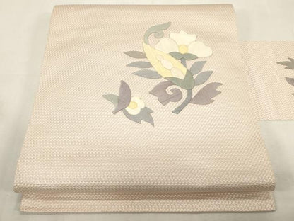 平和屋着物●本場筑前博多織　八寸名古屋帯　作家物　パッチワーク　草花文　銀糸　正絹　逸品　CABG2812dy