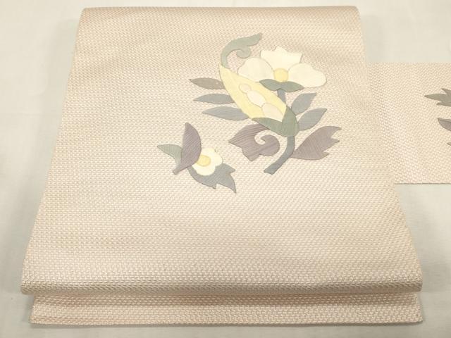 平和屋着物●本場筑前博多織　八寸名古屋帯　作家物　パッチワーク　草花文　銀糸　正絹　逸品　CABG2812dy