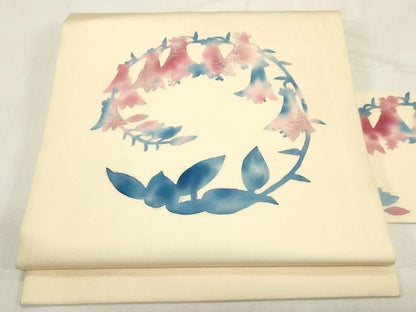 平和屋着物●塩瀬　九寸名古屋帯　作家物　手描き　刺繍　ろうけつ染め　草花丸文　銀糸　正絹　逸品　CABG2813dy