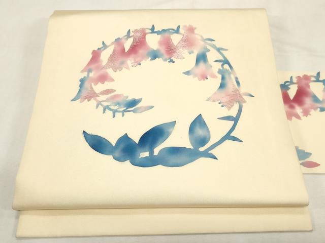 平和屋着物●塩瀬　九寸名古屋帯　作家物　手描き　刺繍　ろうけつ染め　草花丸文　銀糸　正絹　逸品　CABG2813dy