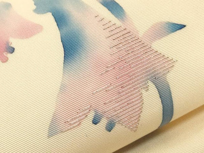 平和屋着物●塩瀬　九寸名古屋帯　作家物　手描き　刺繍　ろうけつ染め　草花丸文　銀糸　正絹　逸品　CABG2813dy