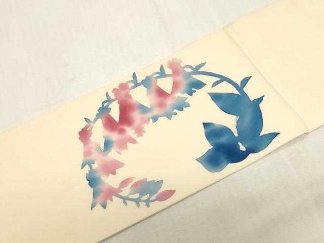 平和屋着物●塩瀬　九寸名古屋帯　作家物　手描き　刺繍　ろうけつ染め　草花丸文　銀糸　正絹　逸品　CABG2813dy