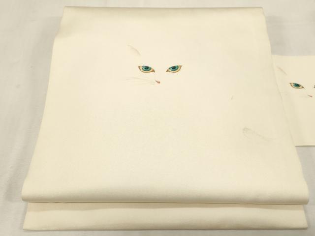 平和屋着物●塩瀬　九寸名古屋帯　作家物　手描き　猫　正絹　逸品　CABG2817dy