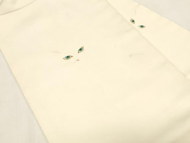 平和屋着物●塩瀬　九寸名古屋帯　作家物　手描き　猫　正絹　逸品　CABG2817dy