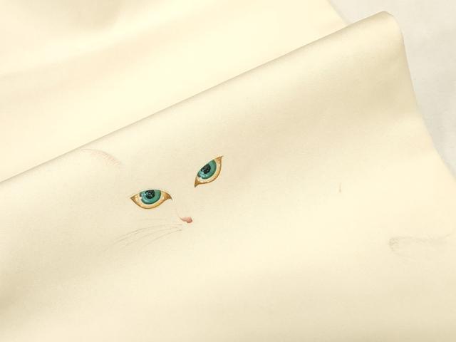 平和屋着物●塩瀬　九寸名古屋帯　作家物　手描き　猫　正絹　逸品　CABG2817dy
