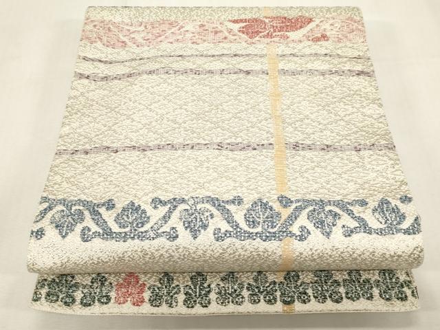 平和屋着物●本場筑前博多織　八寸名古屋帯　横段草木鳥文　銀糸　正絹　逸品　未使用　CABG2819dy