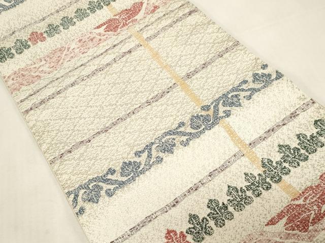 平和屋着物●本場筑前博多織　八寸名古屋帯　横段草木鳥文　銀糸　正絹　逸品　未使用　CABG2819dy