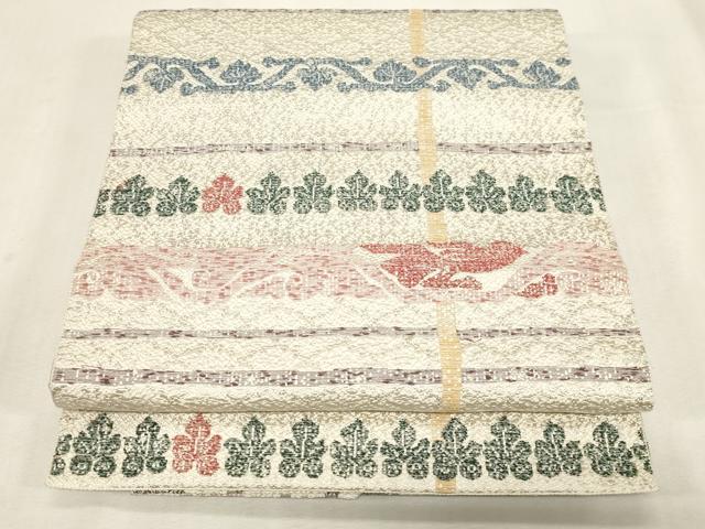 平和屋着物●本場筑前博多織　八寸名古屋帯　横段草木鳥文　銀糸　正絹　逸品　未使用　CABG2819dy