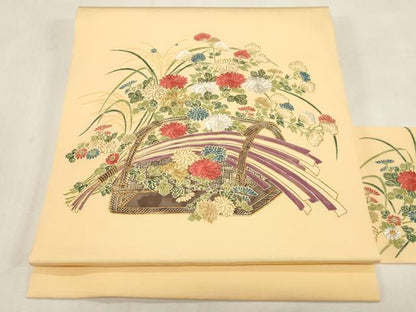 平和屋着物●塩瀬　九寸名古屋帯　駒刺繍　花籠文　金糸　正絹　逸品　CABG2824dy