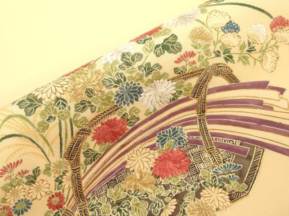 平和屋着物●塩瀬　九寸名古屋帯　駒刺繍　花籠文　金糸　正絹　逸品　CABG2824dy