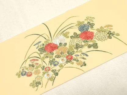 平和屋着物●塩瀬　九寸名古屋帯　駒刺繍　花籠文　金糸　正絹　逸品　CABG2824dy