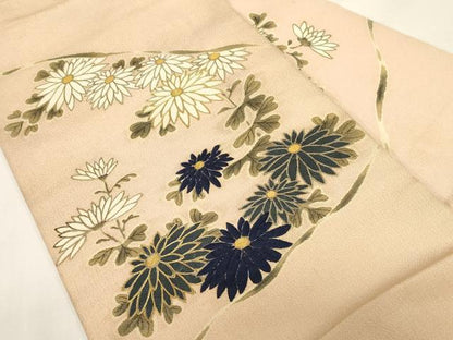 平和屋着物●九寸名古屋帯　手描き　駒刺繍　草花文　鬼しぼ縮緬　正絹　逸品　CABG2827dy