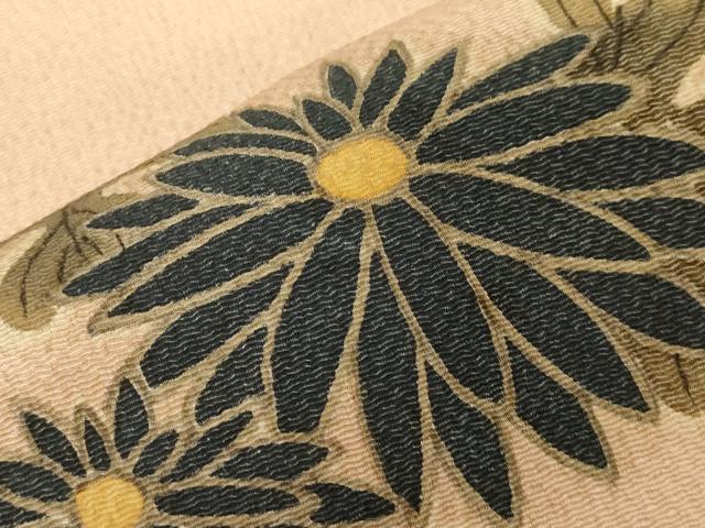 平和屋着物●九寸名古屋帯　手描き　駒刺繍　草花文　鬼しぼ縮緬　正絹　逸品　CABG2827dy