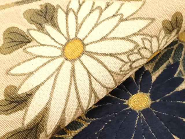 平和屋着物●九寸名古屋帯　手描き　駒刺繍　草花文　鬼しぼ縮緬　正絹　逸品　CABG2827dy