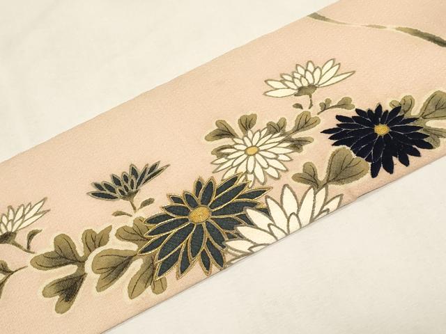 平和屋着物●九寸名古屋帯　手描き　駒刺繍　草花文　鬼しぼ縮緬　正絹　逸品　CABG2827dy
