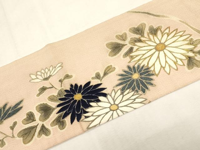平和屋着物●九寸名古屋帯　手描き　駒刺繍　草花文　鬼しぼ縮緬　正絹　逸品　CABG2827dy