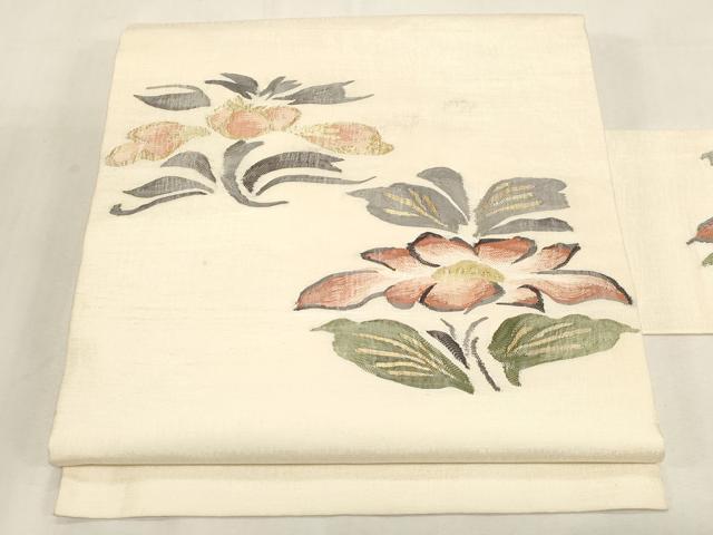 平和屋着物●九寸名古屋帯　すくい織　草花文　金糸　正絹　逸品　CABG2828dy