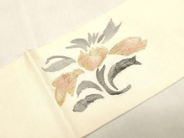 平和屋着物●九寸名古屋帯　すくい織　草花文　金糸　正絹　逸品　CABG2828dy