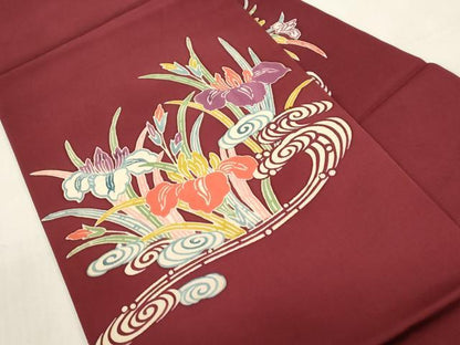 平和屋着物●塩瀬　九寸名古屋帯　型染め　流水草花文　正絹　逸品　CABG2829dy