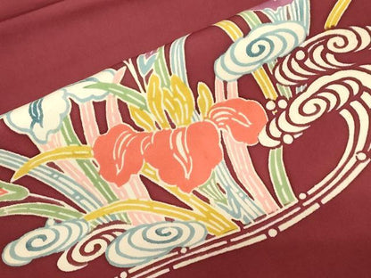 平和屋着物●塩瀬　九寸名古屋帯　型染め　流水草花文　正絹　逸品　CABG2829dy