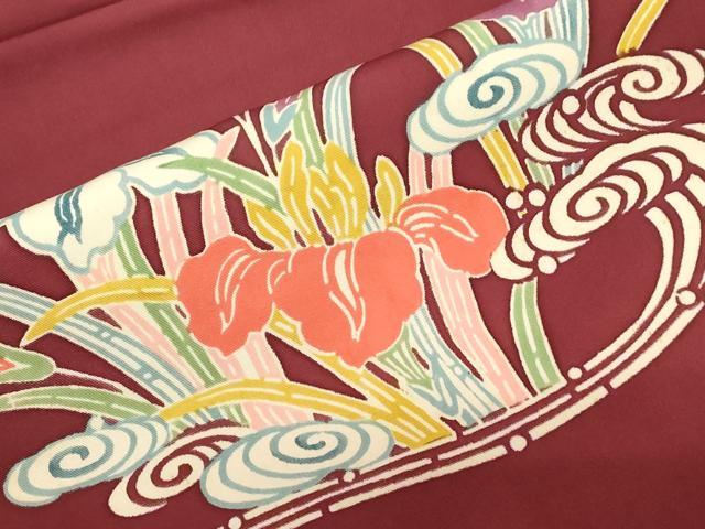 平和屋着物●塩瀬　九寸名古屋帯　型染め　流水草花文　正絹　逸品　CABG2829dy