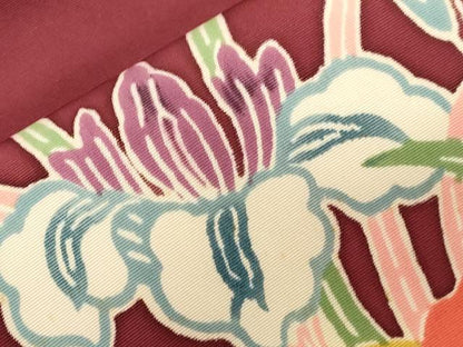 平和屋着物●塩瀬　九寸名古屋帯　型染め　流水草花文　正絹　逸品　CABG2829dy