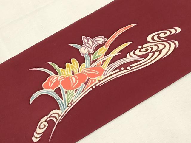 平和屋着物●塩瀬　九寸名古屋帯　型染め　流水草花文　正絹　逸品　CABG2829dy