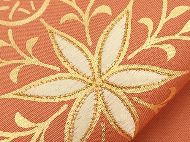 平和屋着物●塩瀬　九寸名古屋帯　駒刺繍　正倉院花文　金彩　正絹　逸品　CABG2837dy