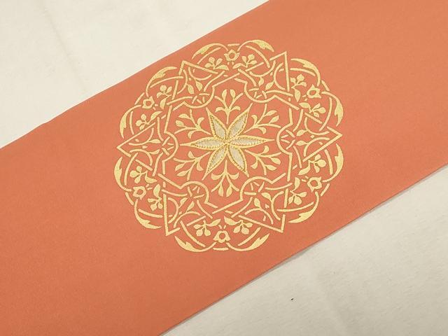 平和屋着物●塩瀬　九寸名古屋帯　駒刺繍　正倉院花文　金彩　正絹　逸品　CABG2837dy