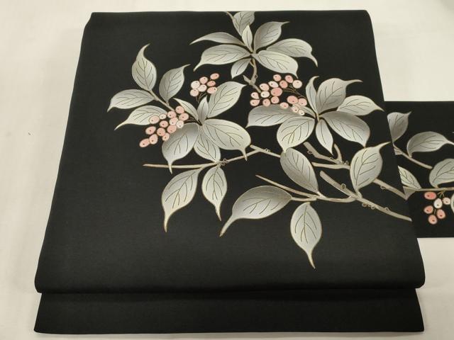 平和屋着物●塩瀬　九寸名古屋帯　南天文　黒地　金彩　正絹　逸品　CABG2838dy