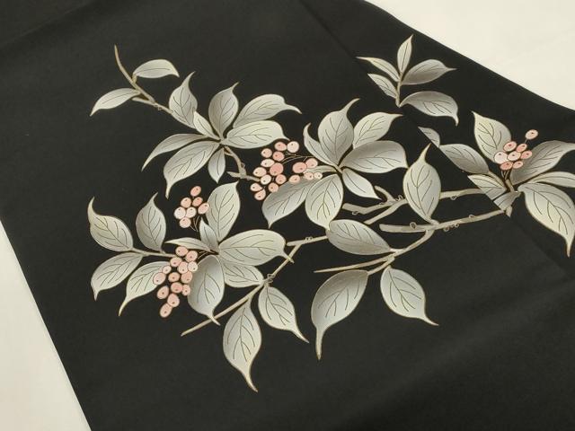 平和屋着物●塩瀬　九寸名古屋帯　南天文　黒地　金彩　正絹　逸品　CABG2838dy
