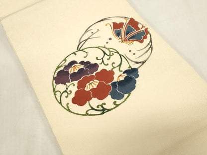 平和屋着物●九寸開き名古屋帯　型染め　花蝶丸文　鬼しぼ縮緬　正絹　逸品　CABG2839dy
