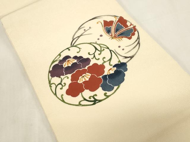 平和屋着物●九寸開き名古屋帯　型染め　花蝶丸文　鬼しぼ縮緬　正絹　逸品　CABG2839dy