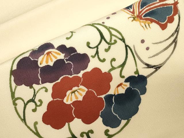 平和屋着物●九寸開き名古屋帯　型染め　花蝶丸文　鬼しぼ縮緬　正絹　逸品　CABG2839dy