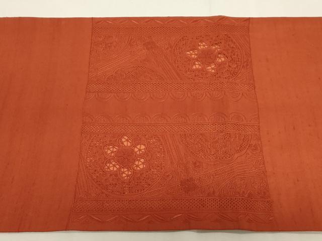平和屋着物●中国三大刺繍　スワトウ刺繍　相良刺繍　総刺繍　太鼓柄袋帯　正倉院花文　樺色　正絹　逸品　CABG2842dy