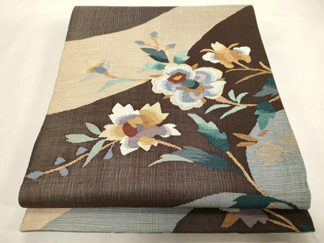 平和屋着物●両面　六通柄袋帯　すくい織　草花文　金糸　正絹　逸品　CABG2844dy
