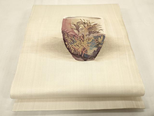 平和屋着物●太鼓柄袋帯　すくい織　陶器草木文　金銀糸　正絹　逸品　CABG2846dy