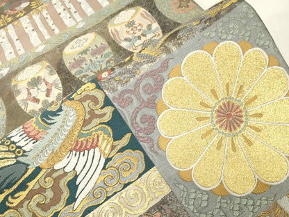 平和屋着物●西陣　京藝謹製　六通柄袋帯　唐織　天井花鳥文　金糸　引箔　証紙付き　冊子付き　正絹　逸品　CABG2850dy