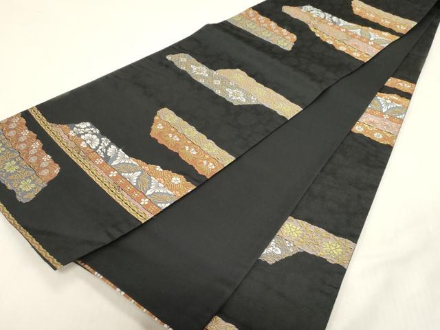 平和屋着物●六通柄袋帯　花鳥文　黒地　金糸　正絹　逸品　CABG2861dy